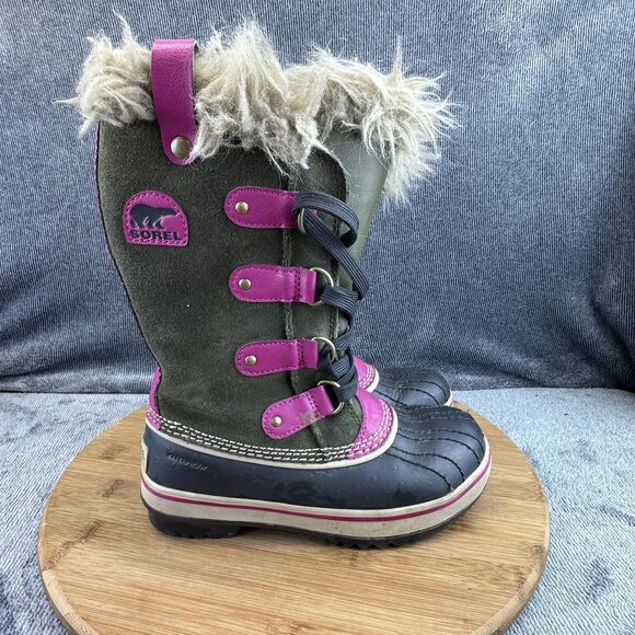 Sorel Girls Joan of Arc Size 1 Boots Green Shearling Winter Leather Waterproof - Picture 1 of 9